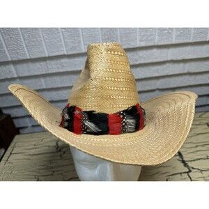 VTG Artel Cowboy Sisal Straw Hat w Red Black Feather Band Size 6 3/4 Rare Custom